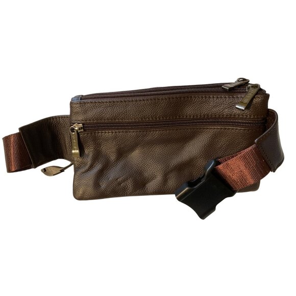 Brown Leather Waist Bag W/ Adjustable Strap & Multiple Zipper Pockets For Hands- - Picture 4 of 4